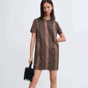 NWT Zara Trafaluc brown faux suede snake skin print mini shift dress, small.
